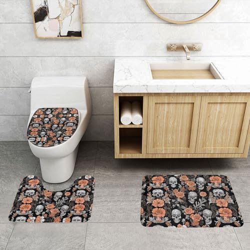 ASPOIJHN 3-teiliges Badezimmerteppich-Set mit bunten Totenköpfen, leicht zu reinigen, rutschfeste Konturmatte und WC-Deckelbezug von ASPOIJHN