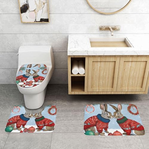 ASPOIJHN Badezimmerteppich-Set, Motiv: Hase, leicht zu reinigen, rutschfeste Konturmatte und WC-Deckelbezug, 3-teilig von ASPOIJHN