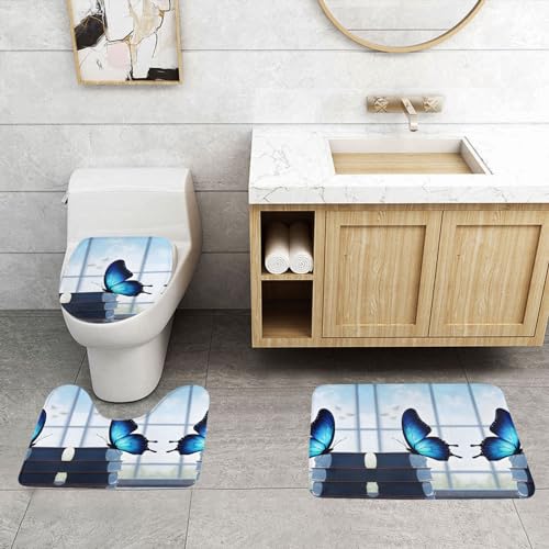 ASPOIJHN Badezimmerteppich-Set, leicht zu reinigen, rutschfeste Konturmatte und WC-Deckelbezug, 3-teilig, Blau von ASPOIJHN