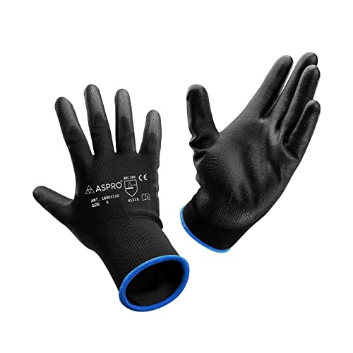 ASPRO Arbeitshandschuhe 10 Paar - Gartenhandschuhe - Schwarze Nylon-Handschuhe mit PU-Beschichtung für Bauarbeiter, Gärtner, Mechaniker, Bauarbeiter, Lagerarbeiter etc. Größe 8 (M - Medium) von ASPRO
