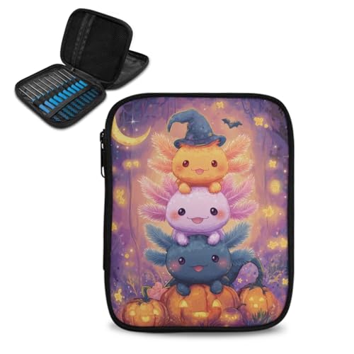 ASQVTIFE Axolotl Häkelnadeletui für Häkelnadel-Set, Werkzeuge, Halloween-Dekoration, Tierstichhalter zum Stricken, Reißverschluss, Aufbewahrungstasche mit Netztaschen von ASQVTIFE