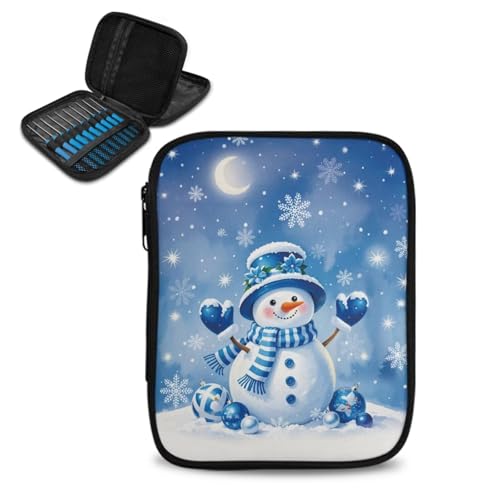 ASQVTIFE Blauer Schneemann-Häkelnadelkoffer für verschiedene Häkelnadeln, Weihnachtsdekorationen, Stricknadel-Aufbewahrungstasche, Reißverschluss, Garnaufbewahrung, Organizer, tragbare von ASQVTIFE