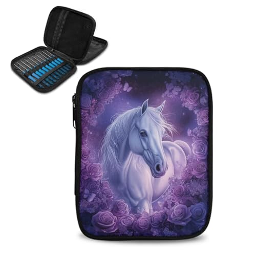 ASQVTIFE Feines Pferde-Häkelnadeletui mit Reißverschluss und Netztaschen, Tier-Stricknadeletui, Organizer für verschiedene Häkelnadeln, tragbare Häkelaufbewahrung, ohne Haken und Zubehör von ASQVTIFE
