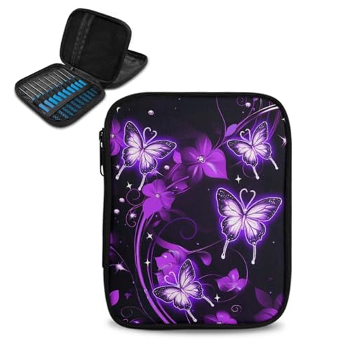 ASQVTIFE Häkelnadeletui mit Schmetterlingsblumen, für Strickzubehör, lila Schmetterlings-Häkelnadel-Organizer mit Reißverschlusstaschen, Organizer-Etui für Häkelnadeln und Strickzubehör von ASQVTIFE