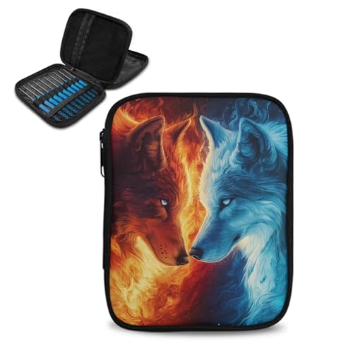 ASQVTIFE Ice Fire Wolf Häkelnadeletui mit Reißverschluss und Netztaschen, Tierstichhalter zum Stricken, tragbare Häkelaufbewahrung, ohne Haken und Zubehör von ASQVTIFE