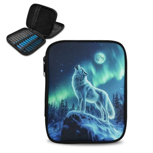 ASQVTIFE Moonlight Wolf Häkelnadeletui für verschiedene Häkelnadeln, Tiergarn, Aufbewahrung, Organizer, tragbare Reise-Häkeltasche, tragbare Häkelaufbewahrung, ohne Haken und Zubehör von ASQVTIFE