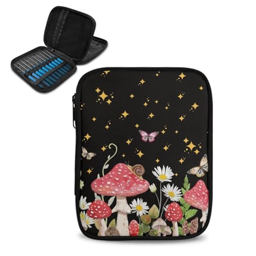 ASQVTIFE Pilz-Häkelnadeletui mit Reißverschluss und Netztaschen, Schmetterlings-Häkelnadel-Organizer für Häkelnadel-Set, Werkzeuge, Garnaufbewahrung, Organizer, tragbare Reise-Häkeltasche von ASQVTIFE