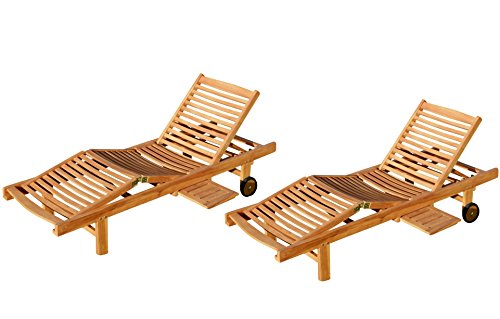 ALEOS. 2 Stück echt Teak Sonnenliege Gartenliege Strandliege Holzliege Holz vielfach verstellbar mit Tischablage sehr robust Modell 2X Cozy von ASS