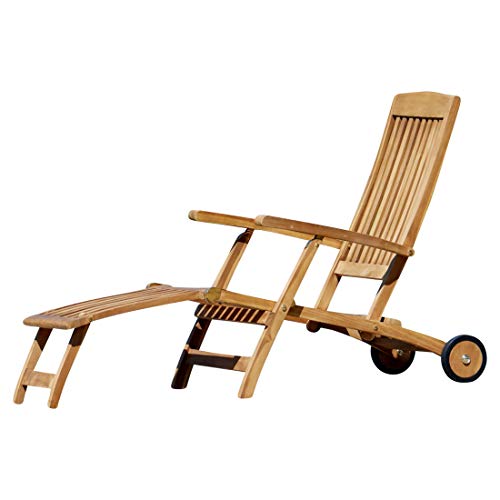 ALEOS. Deckchair Steamer Deckchair mit Rädern Steamer Deckstuhl Liegestuhl Sonnenliege Gartenliege Relaxsessel echt Teak Holz Luna von ASS