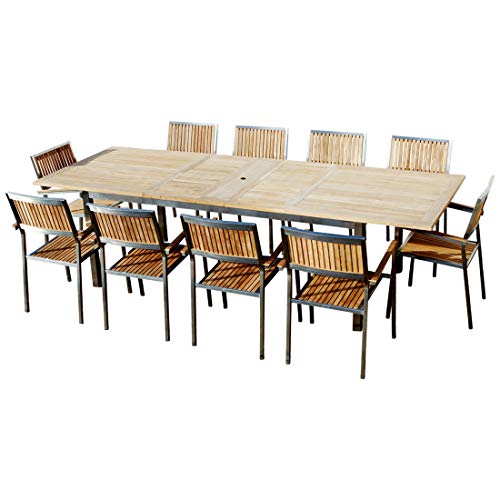 ALEOS. Gartengarnitur Edelstahl Teak Set: Ausziehtisch 200-240-280x100 cm + 10 Sessel A-Grade Holz Serie Kuba Gastroqualität von ASS