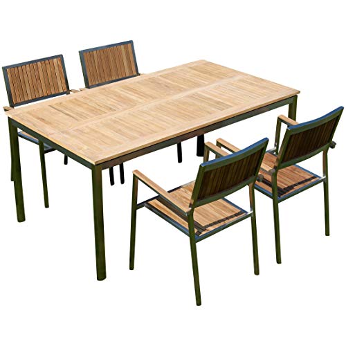 ALEOS. Gartengarnitur Edelstahl Teak Set Tisch 160x90 cm + 4 Teak Sessel A-Grade Teak Holz Serie Kuba Gastroqualität von ASS