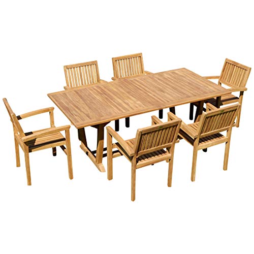 ALEOS. Teak Gartengarnitur Gartenset Sitzgruppe Ausziehtisch Tobago 200-250-300x100 cm mit 6 Stapelsessel Miami aus Teakholz Gartenmöbelset Esstischgruppe Sessel stapelbar von ASS