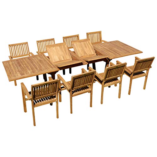 ALEOS. Teak Gartengarnitur Gartenset Sitzgruppe Ausziehtisch Tobago 200-250-300x100 cm mit 8 Stapelsessel Miami aus Teakholz Gartenmöbelset Esstischgruppe Sessel stapelbar von ASS
