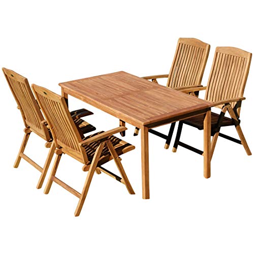 ALEOS. Teak Set Gartengarnitur Sitzgruppe Gartentisch Alpen Tisch 150x80 cm und 4 Tobago Hochlehner Sessel Gartengarnitur Gartenmöbel Gartenmöbelset Esstischgruppe von ASS