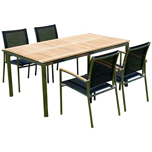 ASS Gartengarnitur Edelstahl Batyline A-Grade Teak Holz Set: Tisch 160x90 cm + 4 Sessel Serie Kuba-SCHWARZ Gastroqualität von ASS