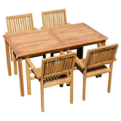 ASS Teak Set Gartengarnitur Gartenset Sitzgruppe Gartentisch 150x80 cm mit 4 Stapelsessel Miami aus Teakholz Gartenmöbelset Esstischgruppe Sessel stapelbar von ASS