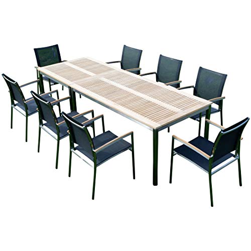 Gartengarnitur Edelstahl Batyline A-Grade Teak Holz Set: Tisch 160x90 cm + Tisch 90x90 + 8 Sessel Serie Kuba-SCHWARZ Gastroqualität von ASS