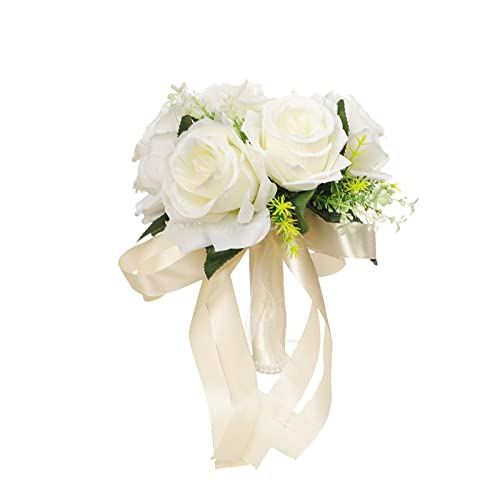 ASSR Hochzeit Romantische Rosen Blumen Handstrauß, Künstlicher Seidentuch Rosen Blumenstrauß mit Band, Braut oder Brautjungfern Gefälschte Halten Blumen Dekor, Weiß, 7.87 x 9.45 inches von ASSR