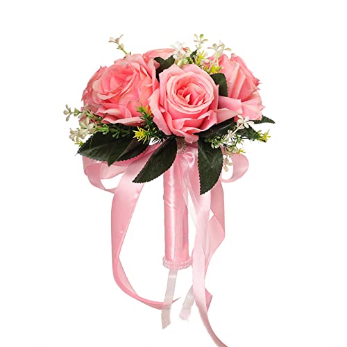 ASSR Hochzeit Romantische Rosen Blumen Handstrauß, künstlicher Seidenstoff Rosen Blumenstrauß mit Band, Braut oder Brautjungfern, künstliche Blumen Dekor, Rosa von ASSR