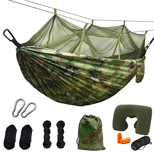 Camping Hängematte Mit Moskitonetz, hängematte Outdoor ausrüstung 200kg Tragfähigkeit, hängematten Zelt Mit Kopfkissen (260 * 140cm) für Trekking, Reise, Strand, Terrasse,Hof,Garten von ASSUGO