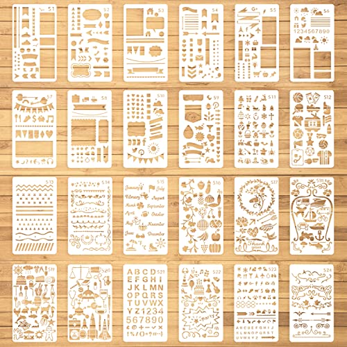 Aster 24 Stück Journal Schablonen Bullet Tagebuch Stencils Set, DIY Zeichnung Vorlage Wiederverwendbares Zeichenschablone Kunststoff Journalschablonen für Journal Notizbuch Scrapbook Kalender von ASTER