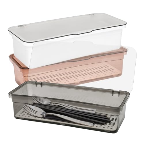 ASTIMESA Bestecktablett mit Deckel und Abtropfgestell, transparenter Besteck-Organizer, stapelbarer Besteck-Organizer, um Ihr Besteck organisiert und geschützt zu halten (Grau, Braun, Weiß), 3 Stück von ASTIMESA