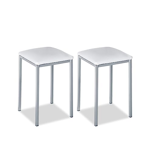 ASTIMESA - Gepolsterter Küchenhocker - Solide und Feste Struktur - Gestell Farbe Aluminium und Sitzfläche aus Kunstleder - Sitzfarbe: Weiß. Lieferumfang: 2 Stück, Maße: 35 x 35 x 45 cm von ASTIMESA
