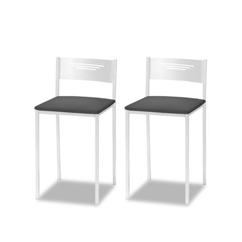 ASTIMESA - Gepolsterter Küchenhocker mit Rückenlehne - Solide und Feste Struktur - Gestell in Weiß und Sitzfläche aus Kunstleder - Sitzfarbe: Graphit, Inhalt: 2 Stück, Maße: 35 x 35 x 64 cm von ASTIMESA