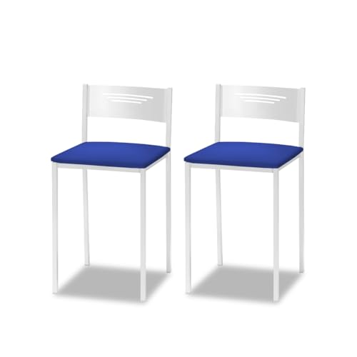 ASTIMESA - Gepolsterter Küchenhocker mit Rückenlehne - Solide und Feste Struktur - Weißes Gestell und Sitzfläche aus Kunstleder - Farbe des Sitzes: Blau, Lieferumfang: 2 Stück, Maße: 35 x 35 x 64 cm von ASTIMESA