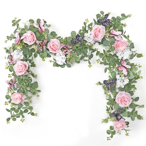 ASTNIC 2 Stück 5.9FT Künstliche Blumengirlande Eukalyptus Girlande mit 3D Schmetterlinge und Rose Künstliche Rosengirlande Kunstblumen Hängende Girlande für Hochzeit Wand Party Garten Deko (Rosa) von ASTNIC