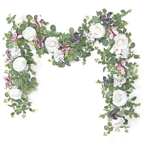 ASTNIC 2 Stück 5.9FT Künstliche Blumengirlande Eukalyptus Girlande mit 3D Schmetterlinge und Rose Künstliche Rosengirlande Kunstblumen Hängende Girlande für Hochzeit Wand Party Garten Deko (Weiß) von ASTNIC