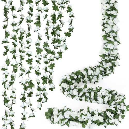 ASTNIC 9 Stück 8FT Blumengirlande Deko Künstliche Weiß Rosengirlande mit Eukalyptus Pflanzen Seidenblumen Hängende Rebe Girlande für Außen und Innen Hochzeit Party Garten Hintergrund Wand Dekor (Weiß) von ASTNIC