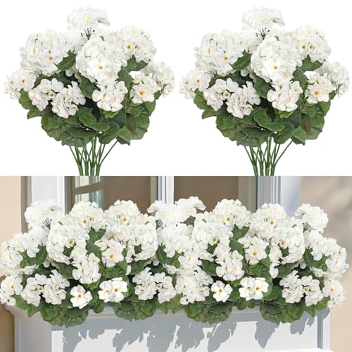 ASTNIC Künstliche Blumen, 4 Bündel Künstliche Geranien Seidenblumen im Freien und Innen, UV-beständige Faux Geranie Blumen Dekoration für Hochzeit Home Balkon Garten Fenster Box Tischdekoration (Weiß) von ASTNIC