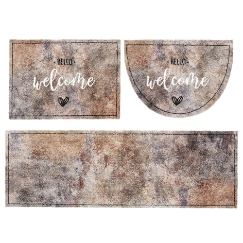 Astra Flauschige Sauberlaufmatte - Pure & Soft - Hello Welcome 3erSet: 50x70 eckig & halbrund und 50x150cm - Waschbarer Küchenteppich innen - Türmatte weich von Astra