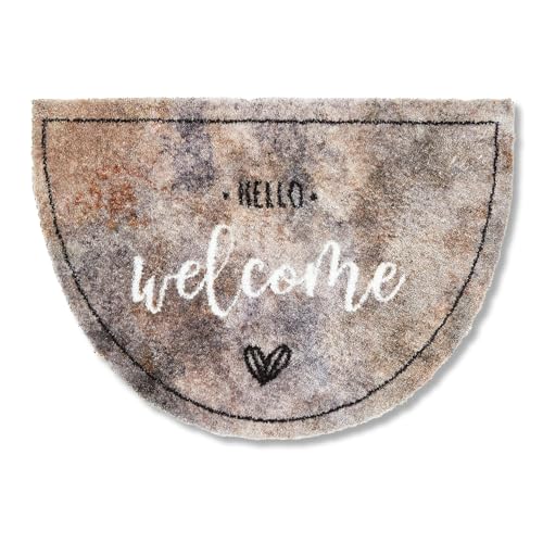 Astra Flauschige Sauberlaufmatte weich - Pure & Soft - Hello Welcome 50x70 cm Halbrund - Waschbarer Küchenteppich innen - Türmatte strapazierfähig - Teppich von Astra