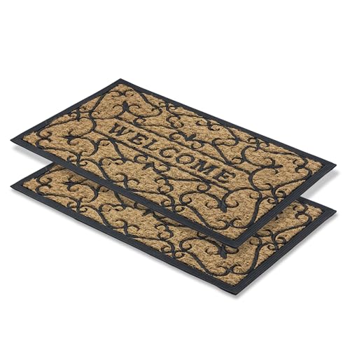 Astra rutschfeste Fußmatte außen wetterfest - Coco Deluxe Eingangsmatte aus Gummi und Kokos antibakteriell - Schmutzfangmatte 45x75cm 2er Set Relief Welcome von Astra