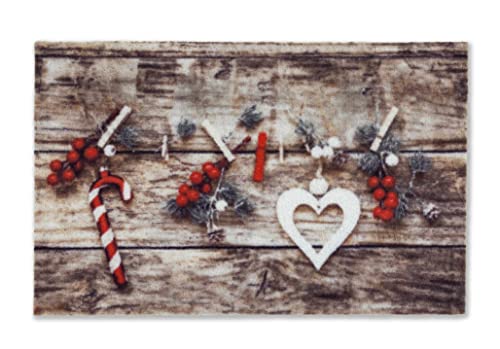 Fußmatte innen Weihnachtsmatte rutschfest - Weihnachtsdeko Türmatte Eingang Wintermatte waschbar - Schmutzfangmatte 40x60 cm Holz Girlande Deko rot von Astra
