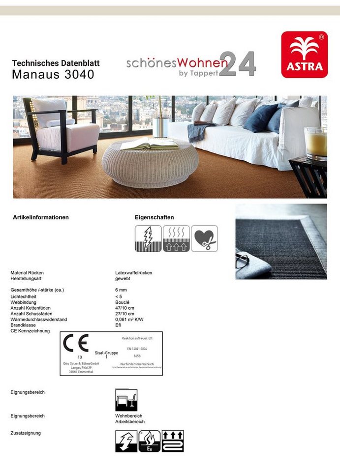 ASTRA Sisalteppich Sisal Teppich Astra Manaus mit 5cm Baumwollbordüre von ASTRA