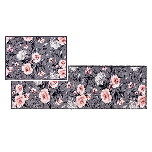 Astra Flauschige Sauberlaufmatte - Pure & Soft - Blumen grau-rosa 2er Set 50x70 & 50x150 cm - Waschbarer Küchenteppich innen - Türmatte strapazierfähig von Astra