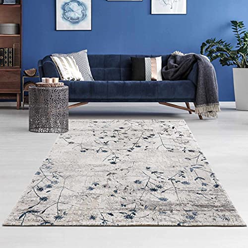 hochwertiger Designer Teppich Antea — Moderne Kurzflor Teppiche — Zimmerteppich im Vintage Design — (133x190cm, Blumen blau) von ASTRA