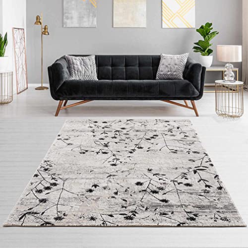 hochwertiger Designer Teppich Antea — Moderne Kurzflor Teppiche — Zimmerteppich im Vintage Design — (133x190cm, Blumen schwarz) von ASTRA