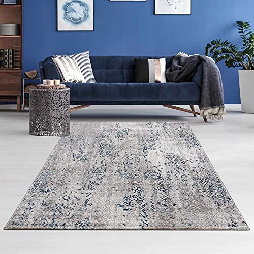 hochwertiger Designer Teppich Antea — Moderne Kurzflor Teppiche — Zimmerteppich im Vintage Design — (133x190cm, Ornamente blau/beige) von ASTRA