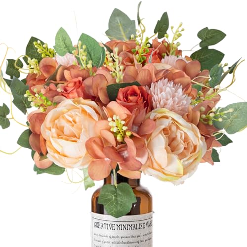 ASTRYAS Künstliche Blumen, 2 Stück, künstliche Pfingstrosen, Seide, Hortensien, Blumenstrauß, gemischte Rosen, Hochzeitssträuße für Party, Heimdekoration (Champagner und Orange) von ASTRYAS