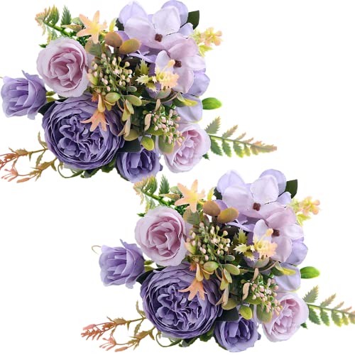 Künstliche Blumen, 2 Stück, künstliche Pfingstrosen, Seide, Hortensien, Blumenstrauß, realistische Nelken, Beeren, Blumenarrangements, Hochzeitssträuße für Party, Heimdekoration (lila) von ASTRYAS