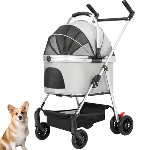 3-in-1-Haustierkinderwagen Mit Abnehmbarer Trage, 360° Drehbarem Griff, Hundebuggy,Zusammenklappbarer Kinderwagen for Kleine/mittelgroße Hunde Und Katzen(Gray) von ASTVDFQK