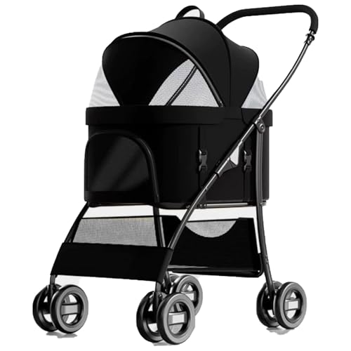 4-Rad-Haustierbuggy, Faltbarer Hundebuggy, Mit Praktischer Aufbewahrungstasche, Mehrwinkel-Sichtfenster, Abnehmbarem Korb(Black) von ASTVDFQK