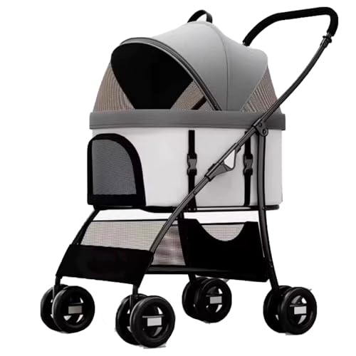 4-Rad-Haustierbuggy, Faltbarer Hundebuggy, Mit Praktischer Aufbewahrungstasche, Mehrwinkel-Sichtfenster, Abnehmbarem Korb(Gray) von ASTVDFQK