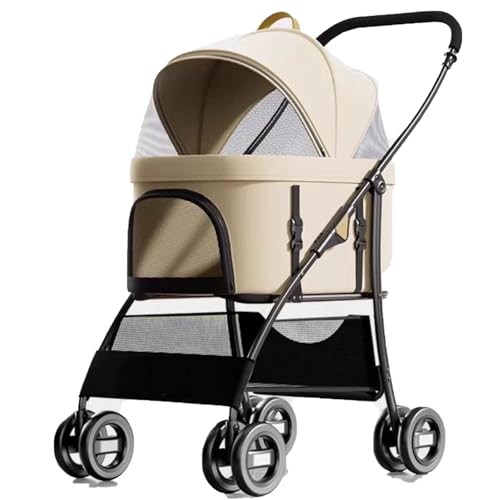4-Rad-Haustierbuggy, Faltbarer Hundebuggy, Mit Praktischer Aufbewahrungstasche, Mehrwinkel-Sichtfenster, Abnehmbarem Korb(Kaki) von ASTVDFQK