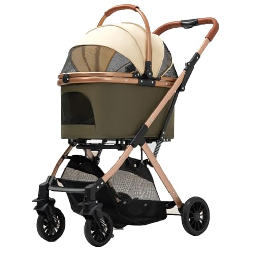 Faltbarer Hundebuggy, 3-in-1-Kinderwagen for Hunde Und Katzen Mit Aufbewahrungstasche Auf Der Rückseite, Großer Aufbewahrungskorb, for Kleine Hunde Und Katzen(Kaki) von ASTVDFQK