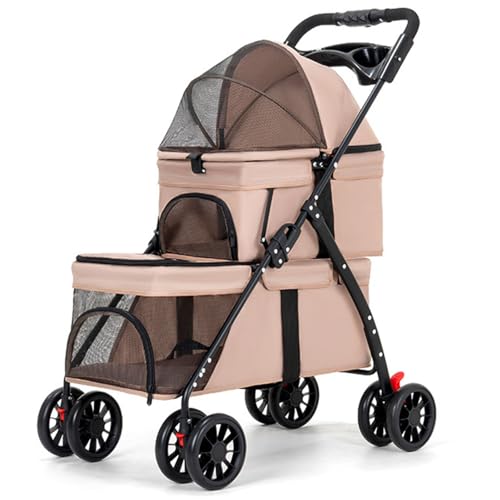 Hundebuggy, Doppellagiger Haustierbuggy, Katzenbuggy Mit Mehrlagigen Belüftungslöchern, Getränkehalter, Hundewagen for Kleine Hunde Und Katzen(Kaki) von ASTVDFQK